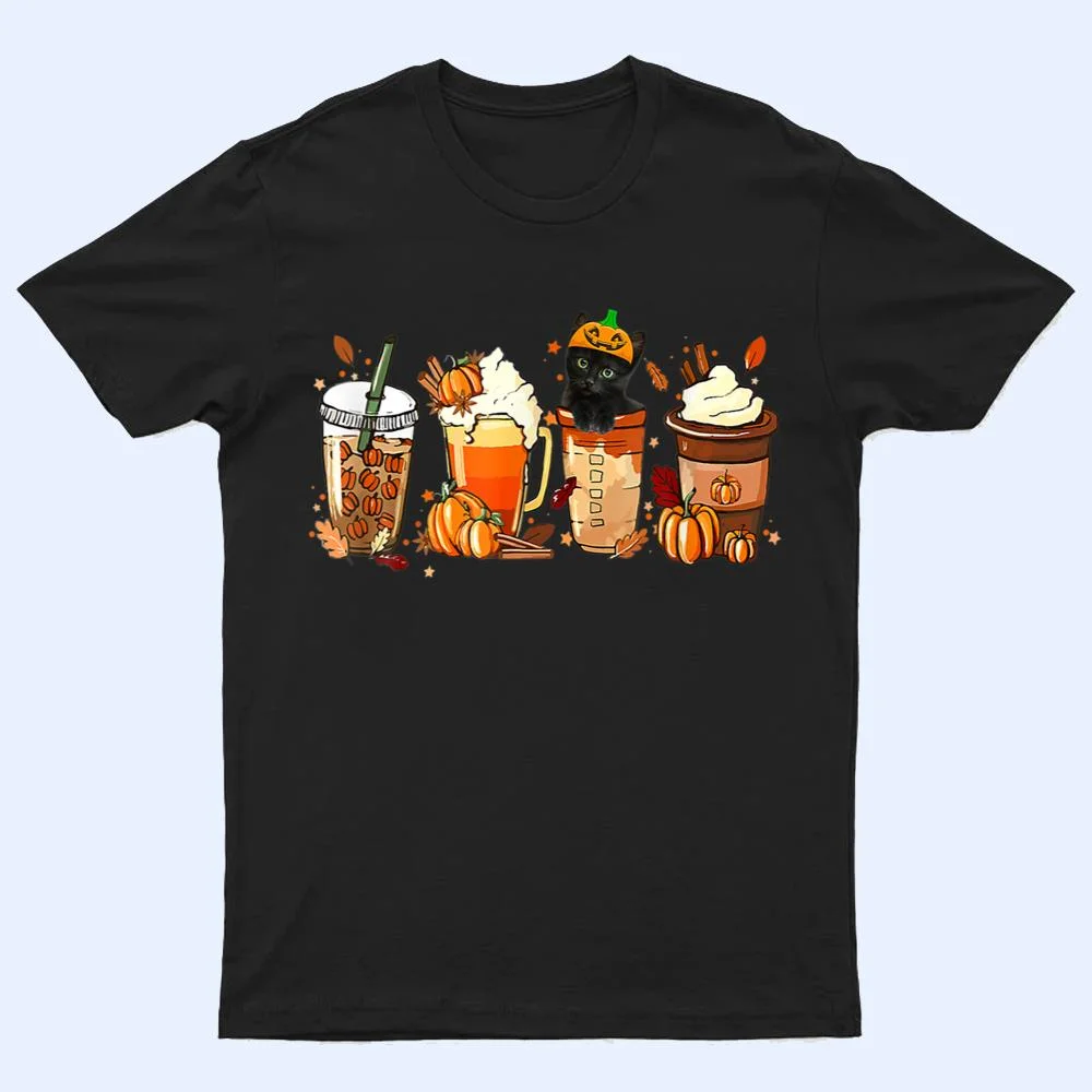 Fall Coffee Pumpkin Spice Latte Iced Autumn Black Cat T Shirt