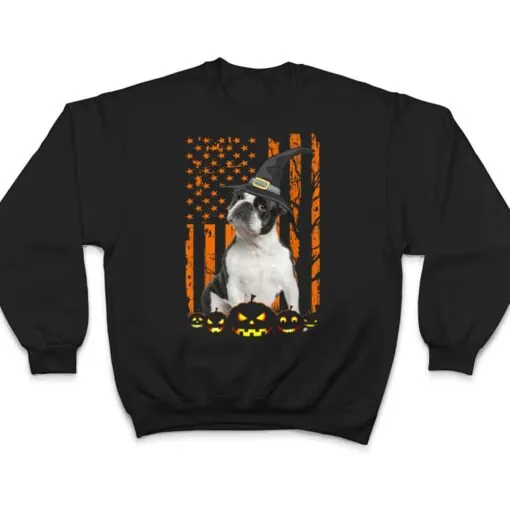 French Bulldog Dog Pumpkin American Flag Witch Halloween T Shirt