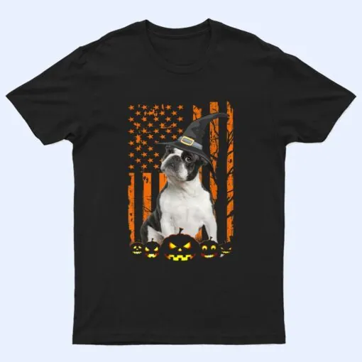 French Bulldog Dog Pumpkin American Flag Witch Halloween T Shirt