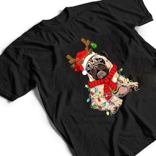 Funny Pug Dog Reindeer Antlers Lights Christmas Pajama Xmas T Shirt