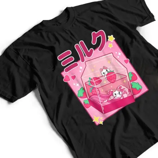Funny Retro 90s Strawberry Milkshake Carton Kawaii Anime Cat T Shirt