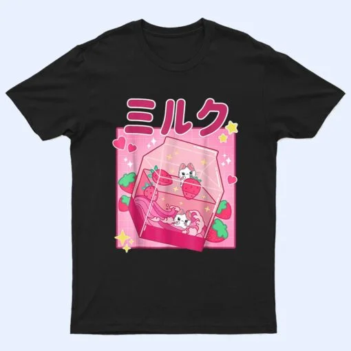 Funny Retro 90s Strawberry Milkshake Carton Kawaii Anime Cat T Shirt