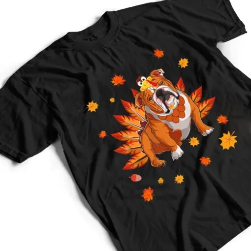 Funny Turkey English Bulldog Dog Maple Leaf Thanksgiving Day T Shirt