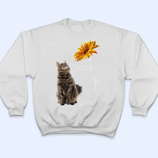Furry Gray Cat Looking at the Sunflower T Shirt
