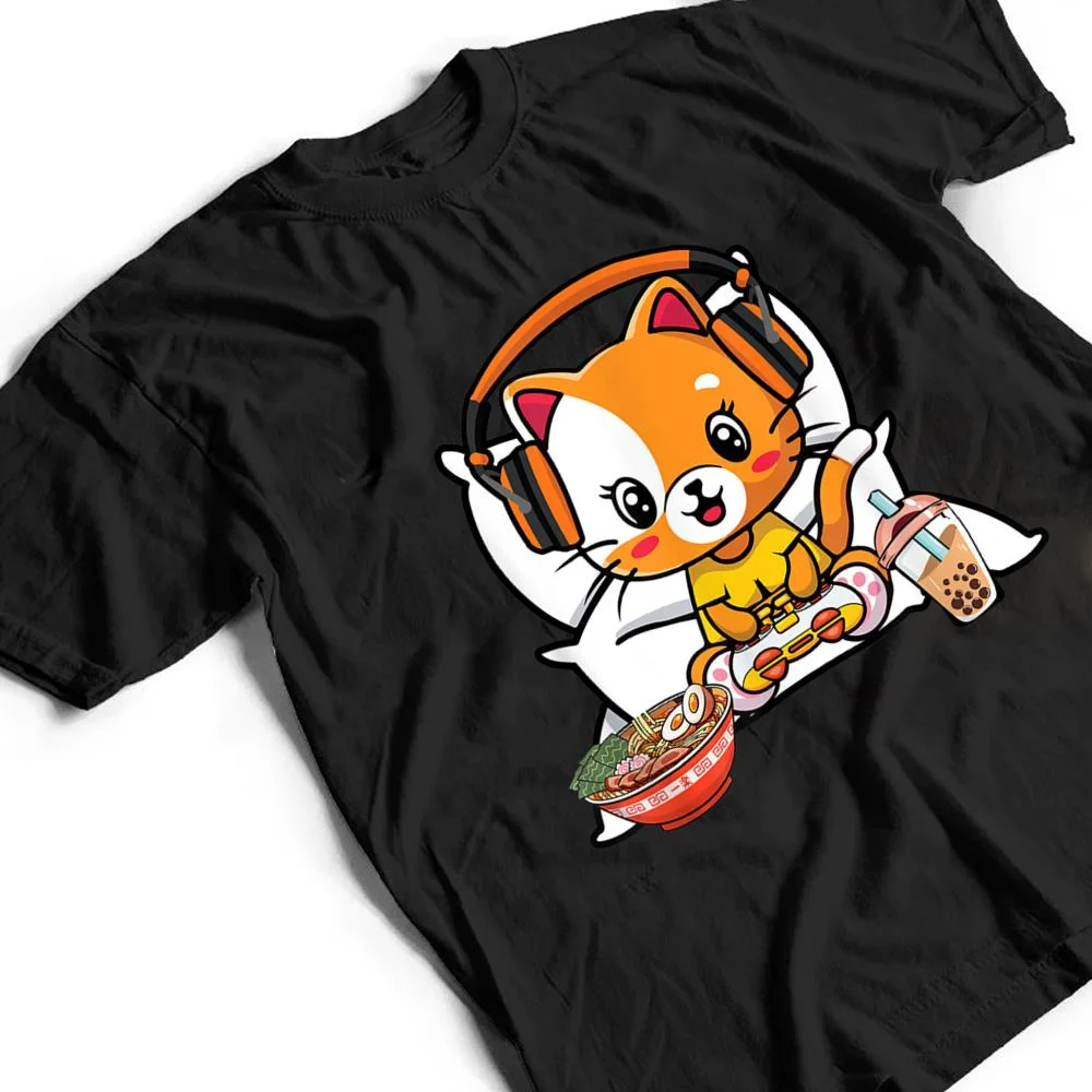 Gamer-Cat-Boba-and-Ramen-Kawaii-Anime-Neko-T-Shirt-2 Gamer Cat Boba and Ramen Kawaii Anime Neko T Shirt