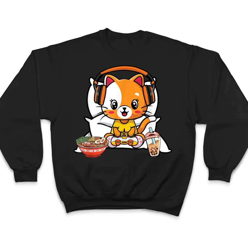 Gamer-Cat-Boba-and-Ramen-Kawaii-Anime-Neko-T-Shirt-4 Gamer Cat Boba and Ramen Kawaii Anime Neko T Shirt