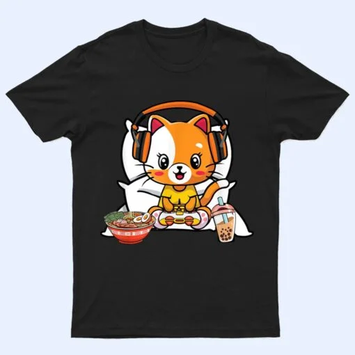 Gamer Cat Boba and Ramen Kawaii Anime Neko T Shirt