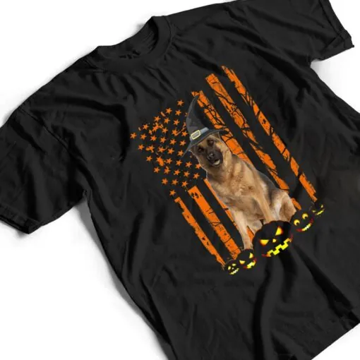 German Shepherd Dog Pumpkin American Flag Witch Halloween T Shirt