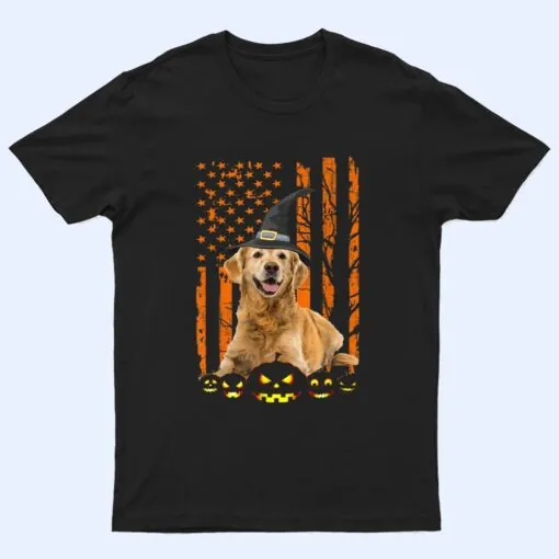 Golden Retriever Dog Pumpkin American Flag Witch Halloween T Shirt