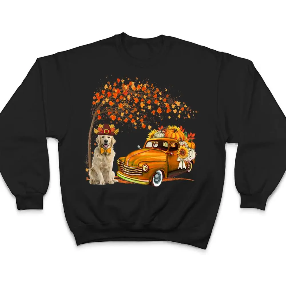 Golden-Retriever-Wearing-Hat-Fall-Tree-Pickup-Truck-Pumpkins-T-Shirt-4 Golden Retriever Wearing Hat Fall Tree Pickup Truck Pumpkins T Shirt
