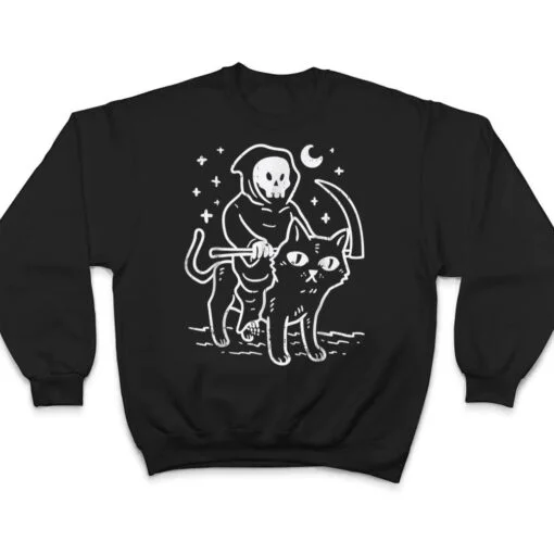 Grim Reaper Riding Cat Moon Funny Death Halloween Costume T Shirt