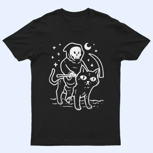 Grim Reaper Riding Cat Moon Funny Death Halloween Costume T Shirt