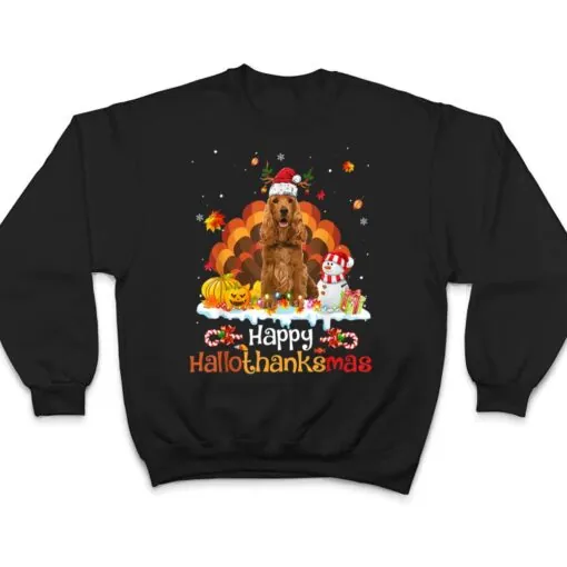 HalloThanksMas Halloween Thanksgiving Christmas Spaniel Dog T Shirt