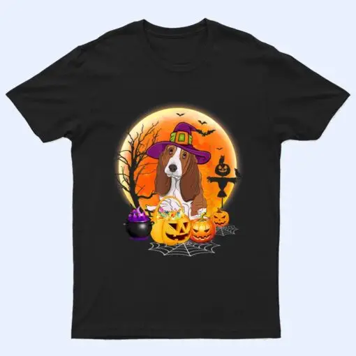 Halloween Basset Hound Dog Moon With Pumpkin Funny Gifts T Shirt