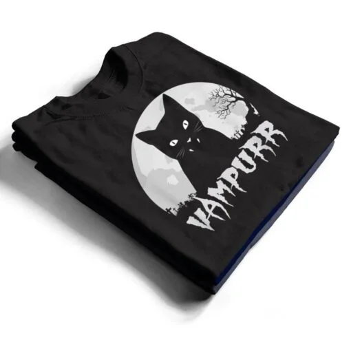 Halloween Black Cat Vampire With Full Moon - Vampurr Pun T Shirt
