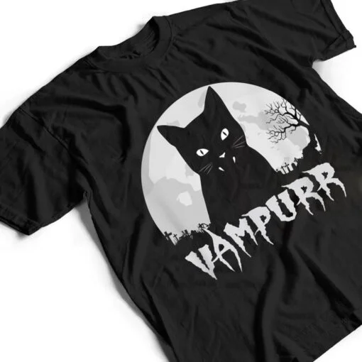 Halloween Black Cat Vampire With Full Moon - Vampurr Pun T Shirt