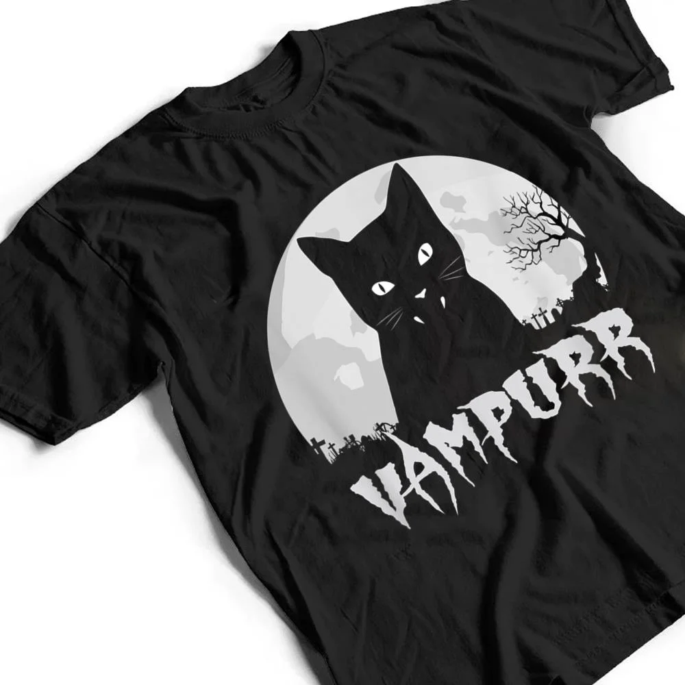 Halloween-Black-Cat-Vampire-With-Full-Moon-Vampurr-Pun-T-Shirt-2 Halloween Black Cat Vampire With Full Moon - Vampurr Pun T Shirt