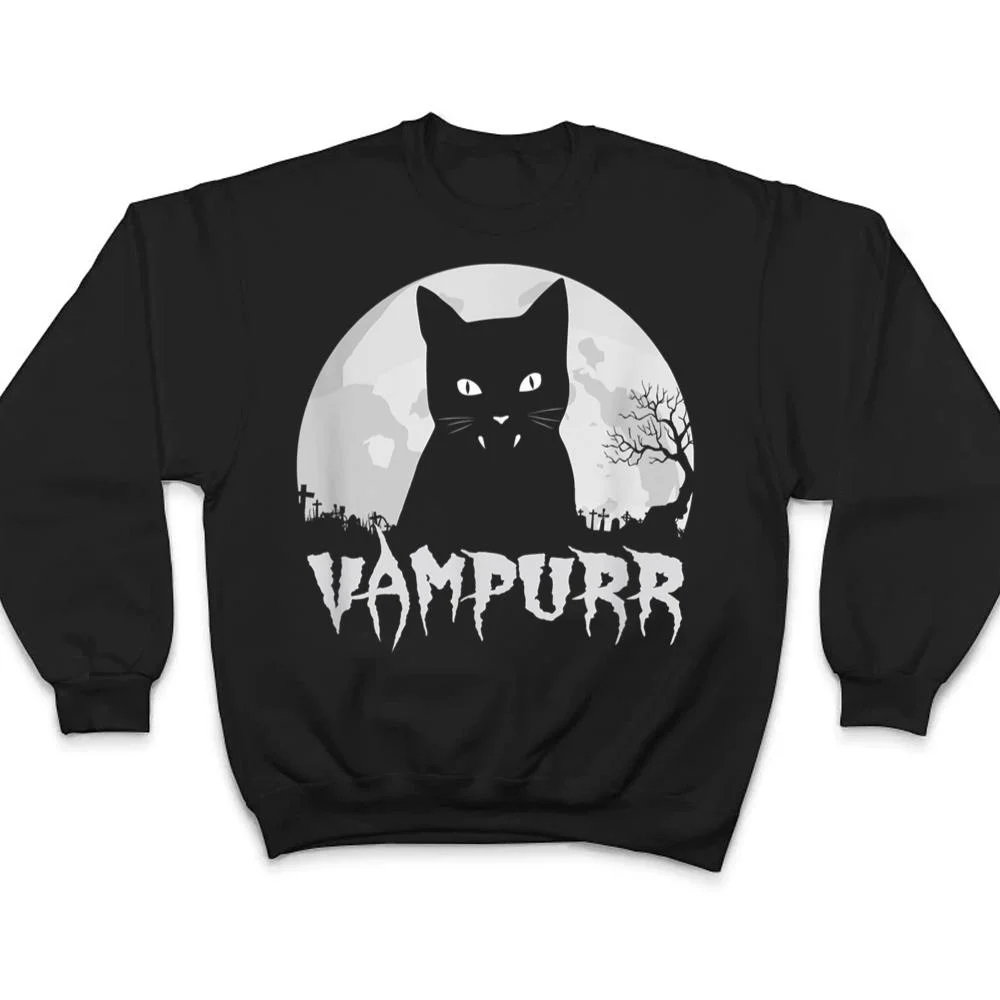 Halloween-Black-Cat-Vampire-With-Full-Moon-Vampurr-Pun-T-Shirt-4 Halloween Black Cat Vampire With Full Moon - Vampurr Pun T Shirt