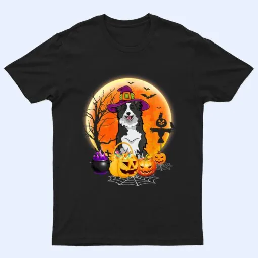 Halloween Border Collie Dog Moon With Pumpkin Funny Gifts T Shirt