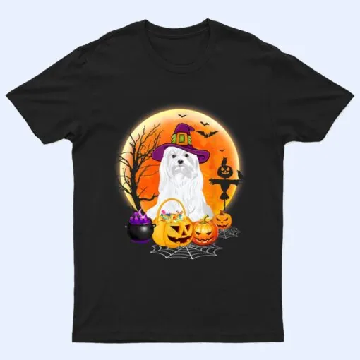 Halloween Maltese Dog Moon With Pumpkin Funny Gifts T Shirt