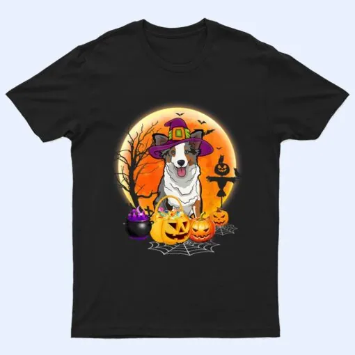 Halloween Miniature American Shepherd Dog Moon With Pumpkin T Shirt