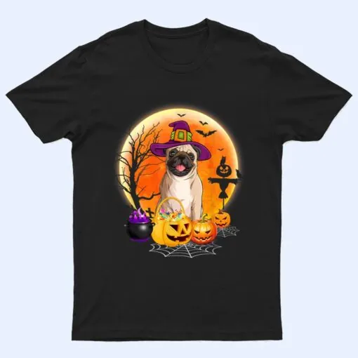 Halloween Pug Dog Moon With Pumpkin Funny Gifts T Shirt