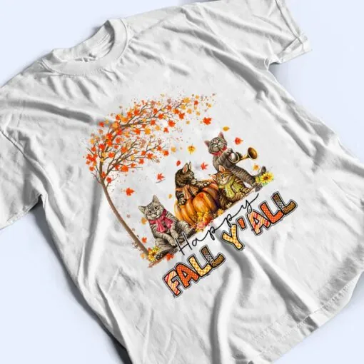 Happy Fall Y'all Funny Cats Autumn Lover Pumpkins Halloween T Shirt