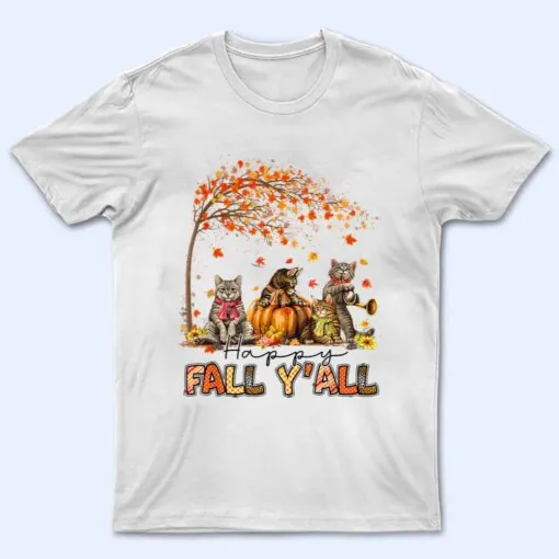 Happy Fall Y'all Funny Cats Autumn Lover Pumpkins Halloween T Shirt