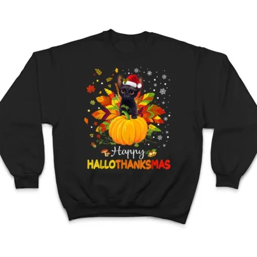 Happy Hallothanksmas Cat Halloween Thanksgiving Christmas T Shirt