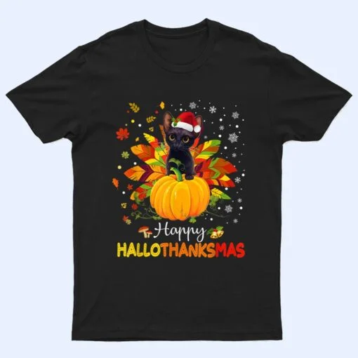 Happy Hallothanksmas Cat Halloween Thanksgiving Christmas T Shirt