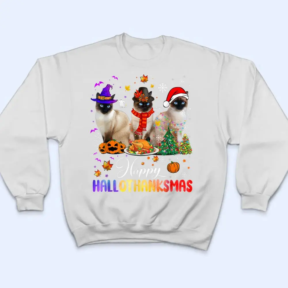 Happy Hallothanksmas Siamese Cat Halloween Thanksgiving T Shirt