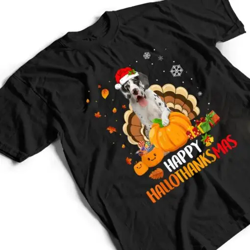 Harlequin Great Dane Dog Halloween Xmas Happy Hallothanksmas T Shirt