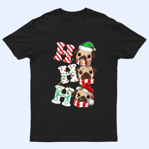 Ho Ho Ho Pug Dog Lights Santa Hat reindeer ELF Christmas T Shirt