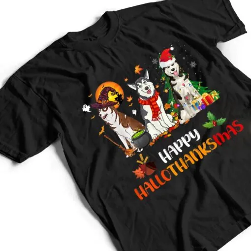 Husky Dog Happy Hallothanksmas Halloween Thanksgiving T Shirt