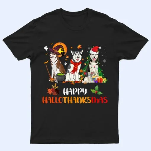 Husky Dog Happy Hallothanksmas Halloween Thanksgiving T Shirt