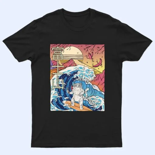 Japanese wave surfing Cat Art Japanese Mount fuji Sunset T Shirt