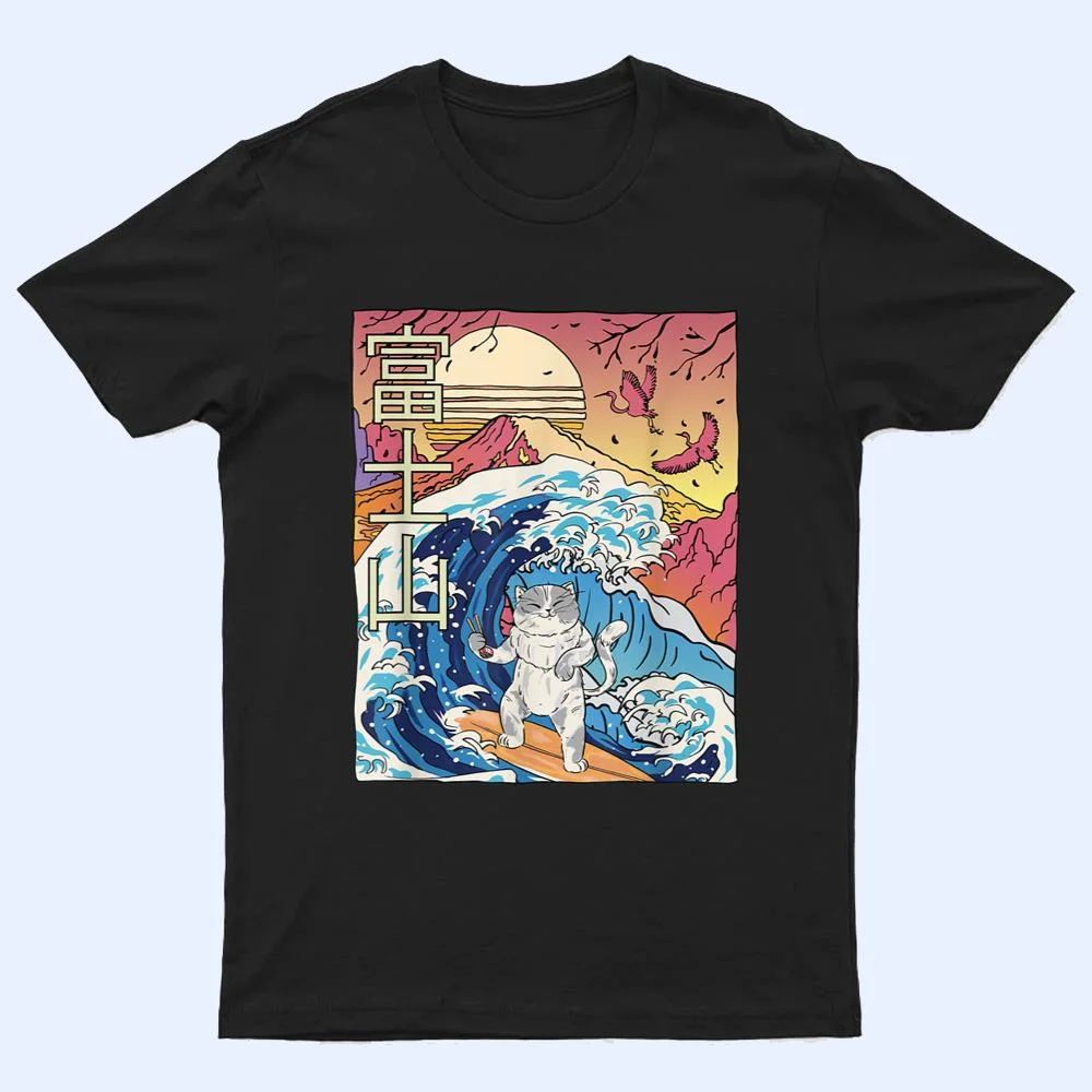 Japanese wave surfing Cat Art Japanese Mount fuji Sunset T Shirt Japanese wave surfing Cat Art Japanese Mount fuji Sunset T Shirt