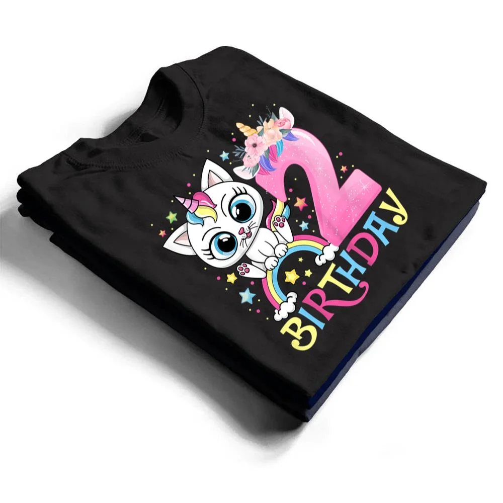 Kids Cute Cat Unicorn Face Floral 2 Year Old 2nd Birthday Girls T Shirt