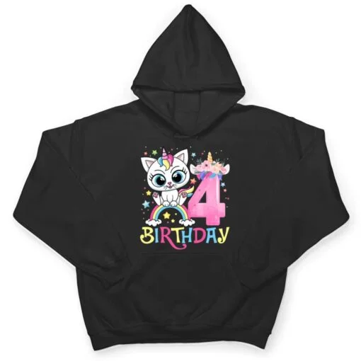 Kids Cute Cat Unicorn Face Floral 4 Year Old 4th Birthday Girls T Shirt