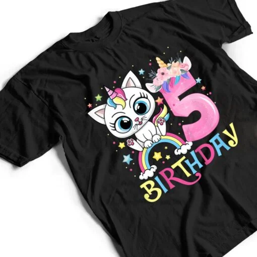 Kids Cute Cat Unicorn Face Floral 5 Year Old 5th Birthday Girls T Shirt