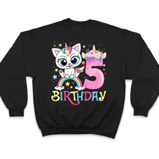 Kids Cute Cat Unicorn Face Floral 5 Year Old 5th Birthday Girls T Shirt