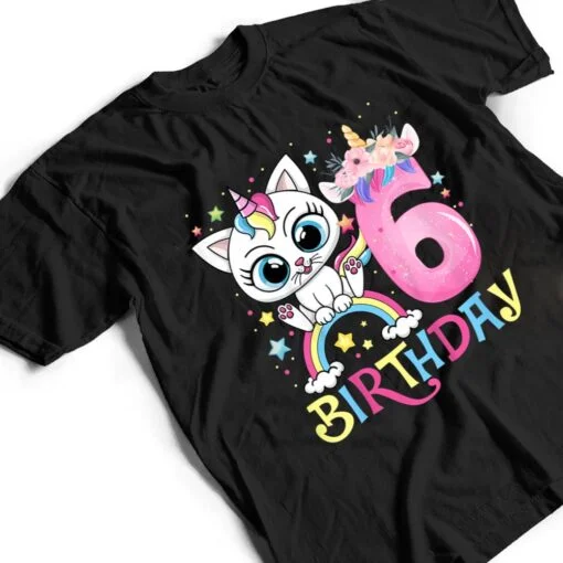 Kids Cute Cat Unicorn Face Floral 6 Year Old 6th Birthday Girls T Shirt