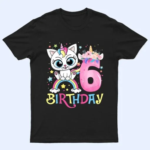 Kids Cute Cat Unicorn Face Floral 6 Year Old 6th Birthday Girls T Shirt