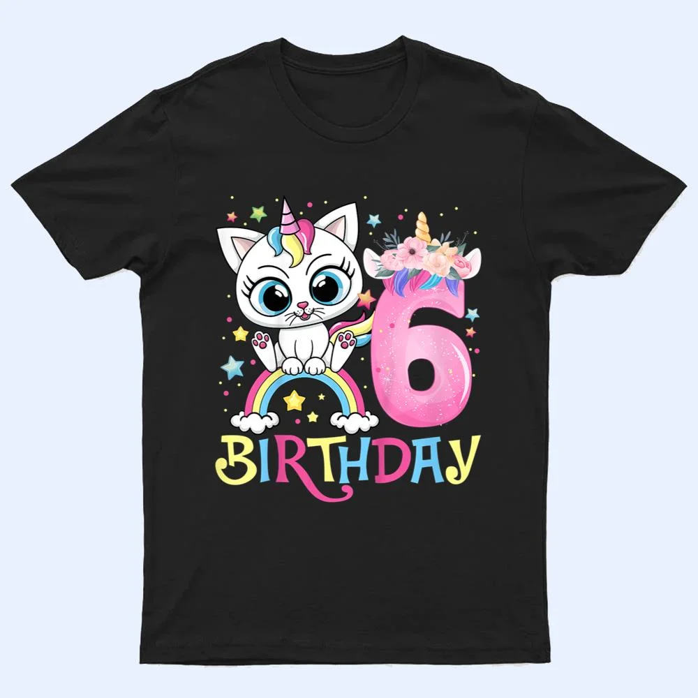 Kids Cute Cat Unicorn Face Floral 6 Year Old 6th Birthday Girls T Shirt