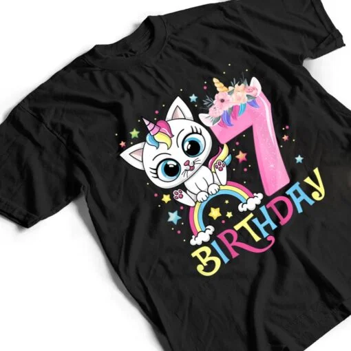 Kids Cute Cat Unicorn Face Floral 7 Year Old 7th Birthday Girls T Shirt