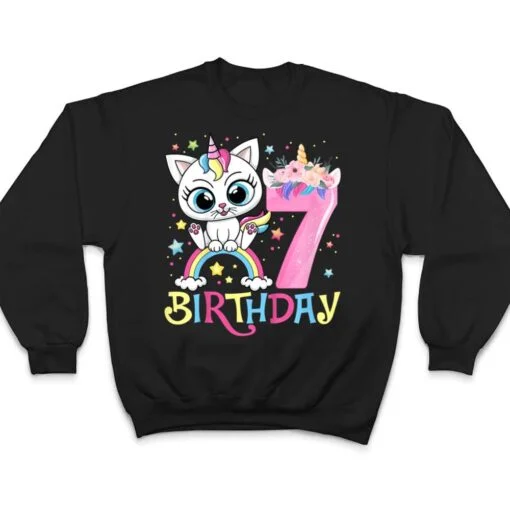 Kids Cute Cat Unicorn Face Floral 7 Year Old 7th Birthday Girls T Shirt