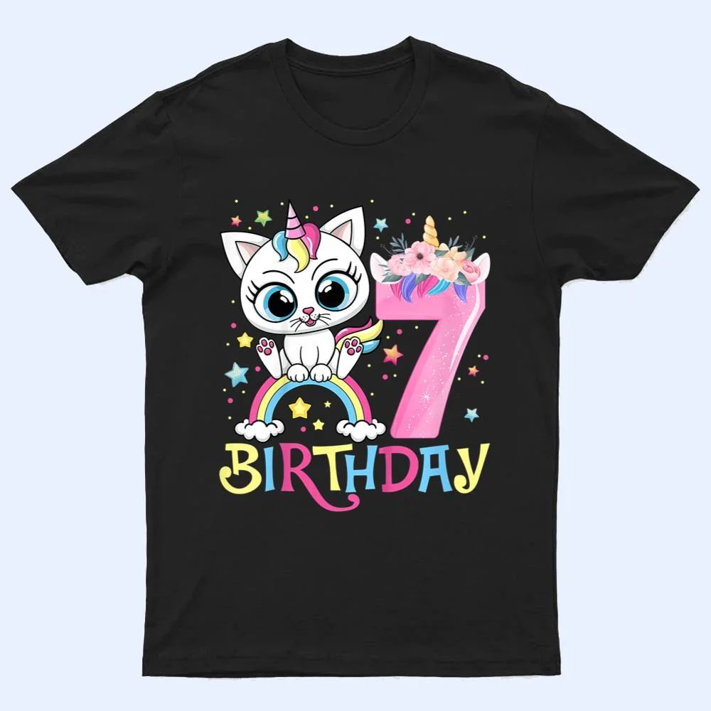 Kids Cute Cat Unicorn Face Floral 7 Year Old 7th Birthday Girls T Shirt Kids Cute Cat Unicorn Face Floral 7 Year Old 7th Birthday Girls T Shirt