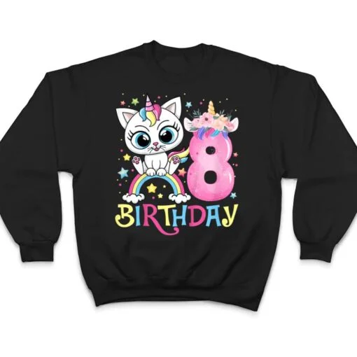 Kids Cute Cat Unicorn Face Floral 8 Year Old 8th Birthday Girls T Shirt