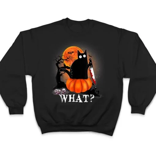 Killer Halloween Scary Moon Black Cat With Knife Pumpkin T Shirt