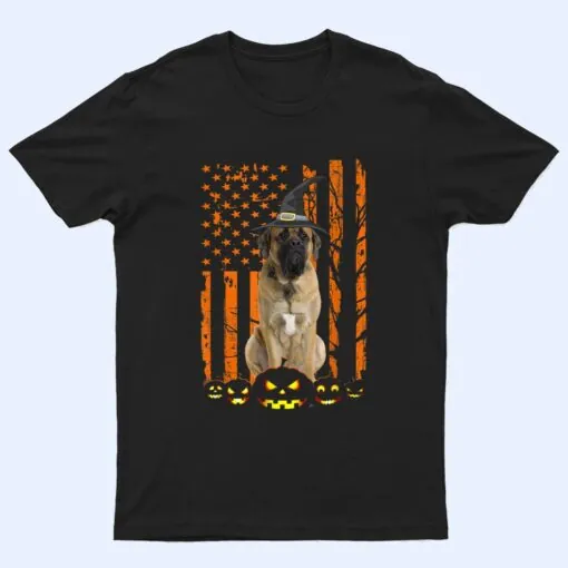 Mastiff Dog Pumpkin American Flag Vintage Halloween Witch T Shirt